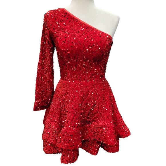 NWT Bright Red Size 2 Asymmetric One Long Sleeve Short Sequin Dress - Picture 3 of 13